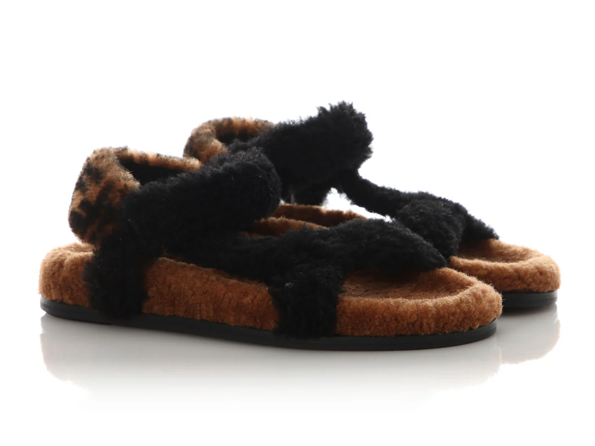 Fendi Brown and Black FF Zucca Shearling Sandals - Image 5