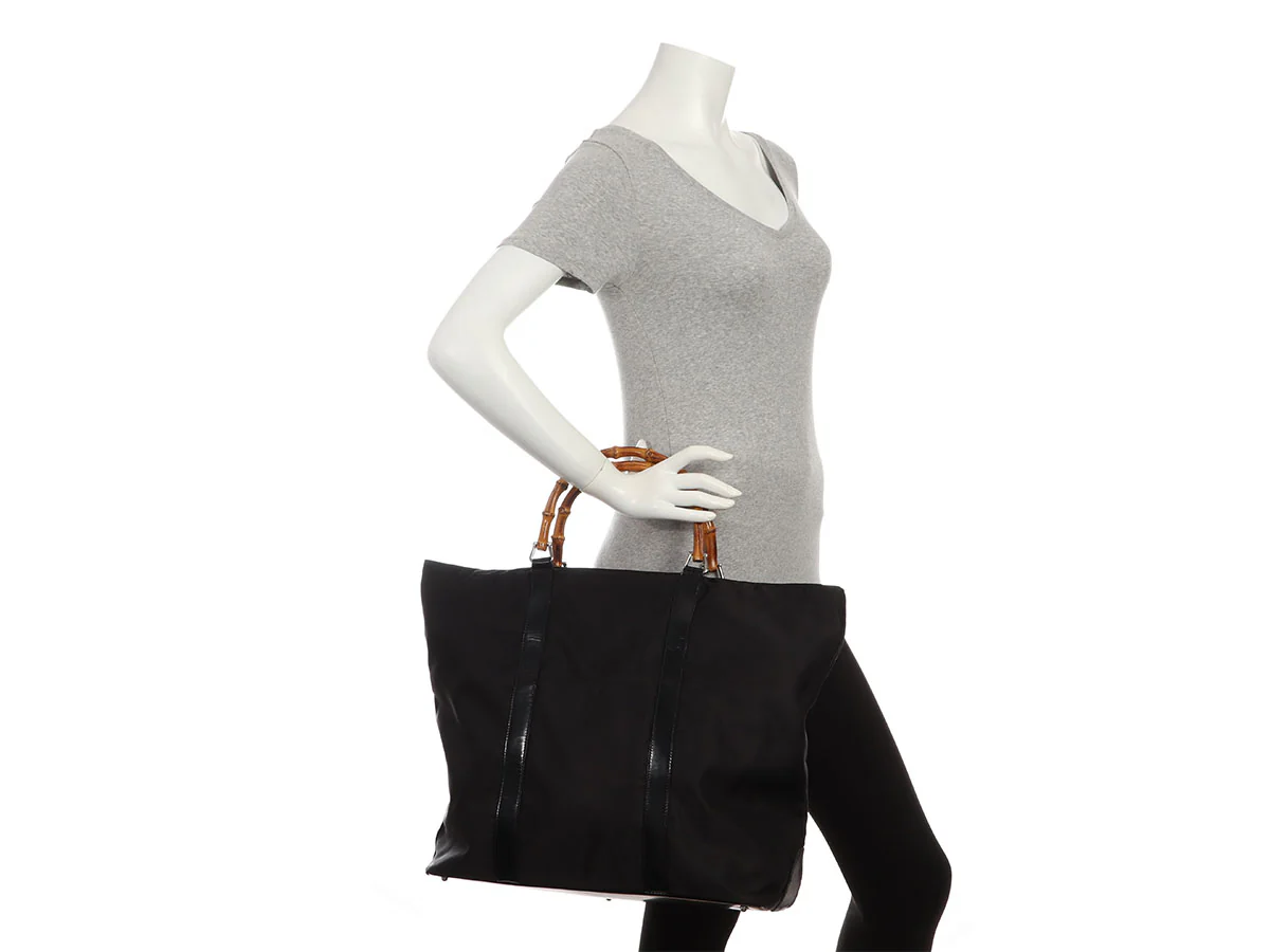 Gucci Black Leather-Trimmed Nylon Bamboo Handle Tote - Image 9