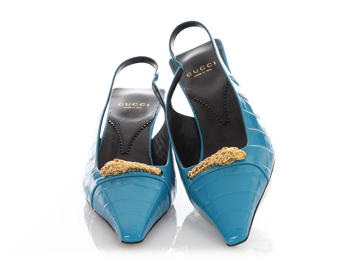Gucci Blue Croc-Embossed Calfskin Square Slingback Pumps - Image 2