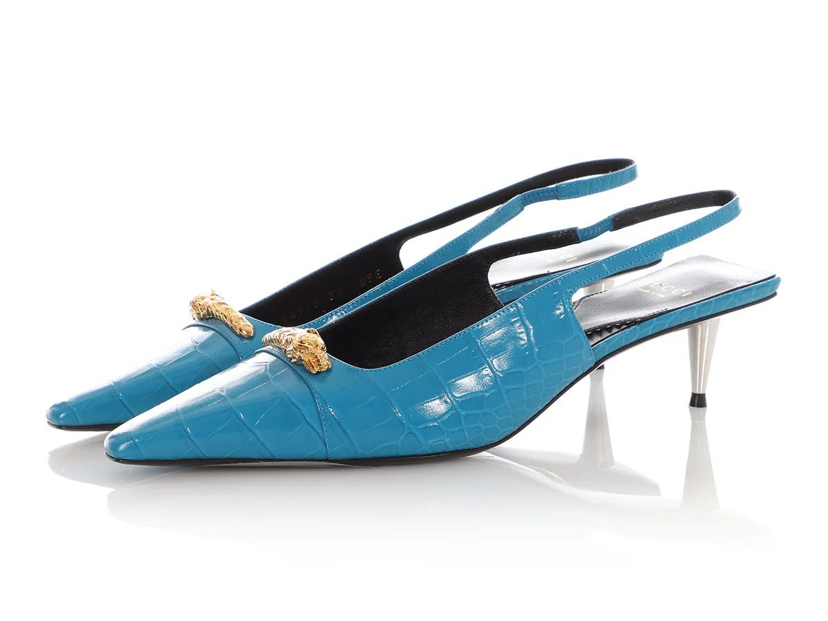 Gucci Blue Croc-Embossed Calfskin Square Slingback Pumps - Image 3