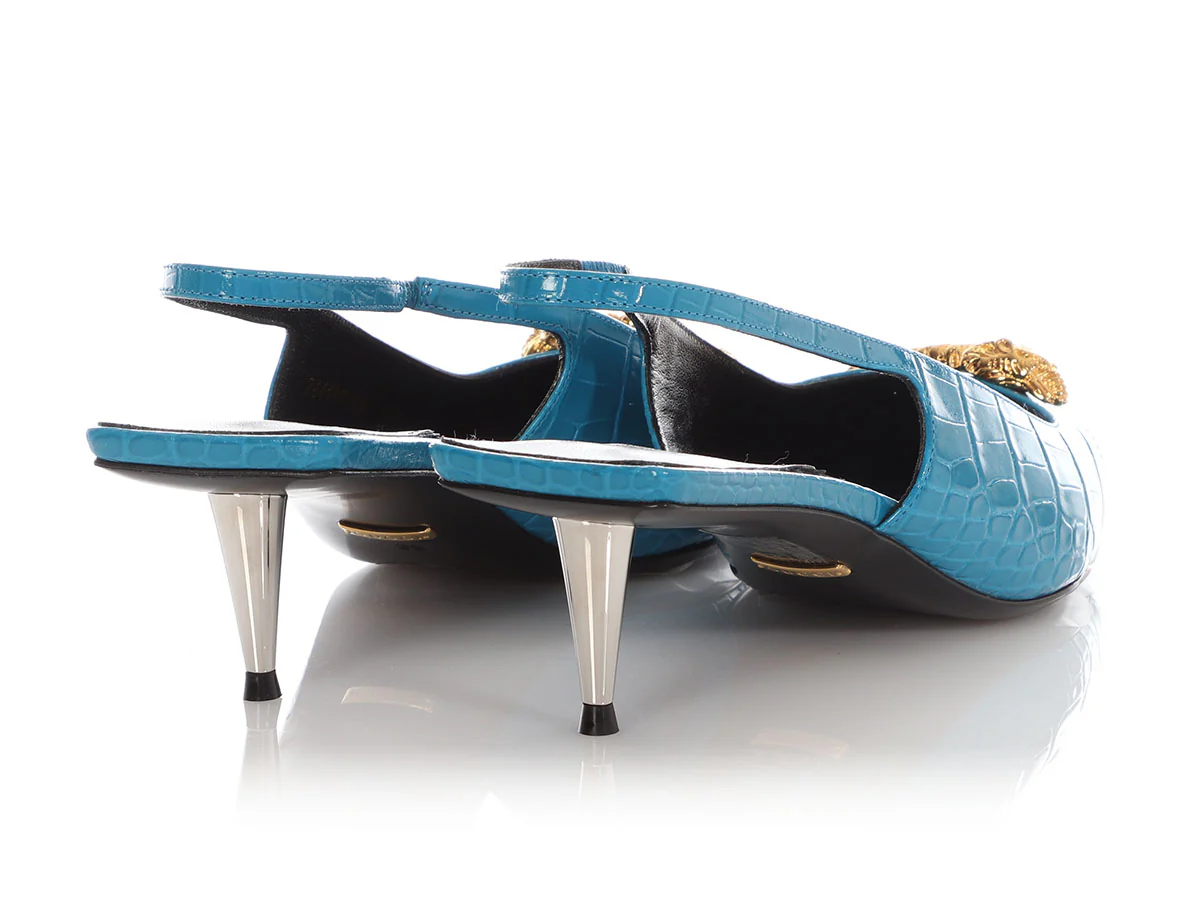 Gucci Blue Croc-Embossed Calfskin Square Slingback Pumps - Image 4