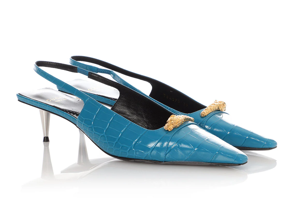 Gucci Blue Croc-Embossed Calfskin Square Slingback Pumps - Image 5