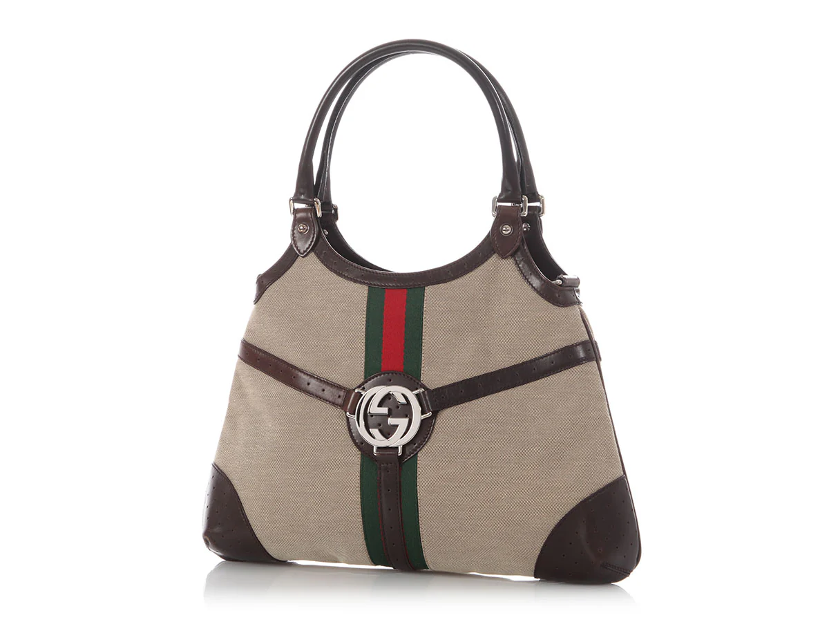 Gucci Beige and Brown Web Canvas Reins Shoulder Bag - Image 2