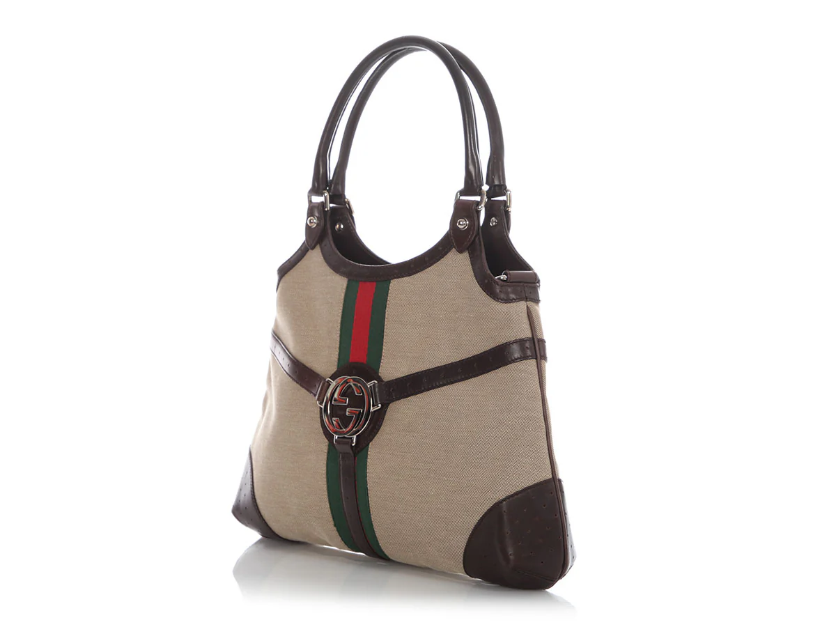Gucci Beige and Brown Web Canvas Reins Shoulder Bag - Image 3