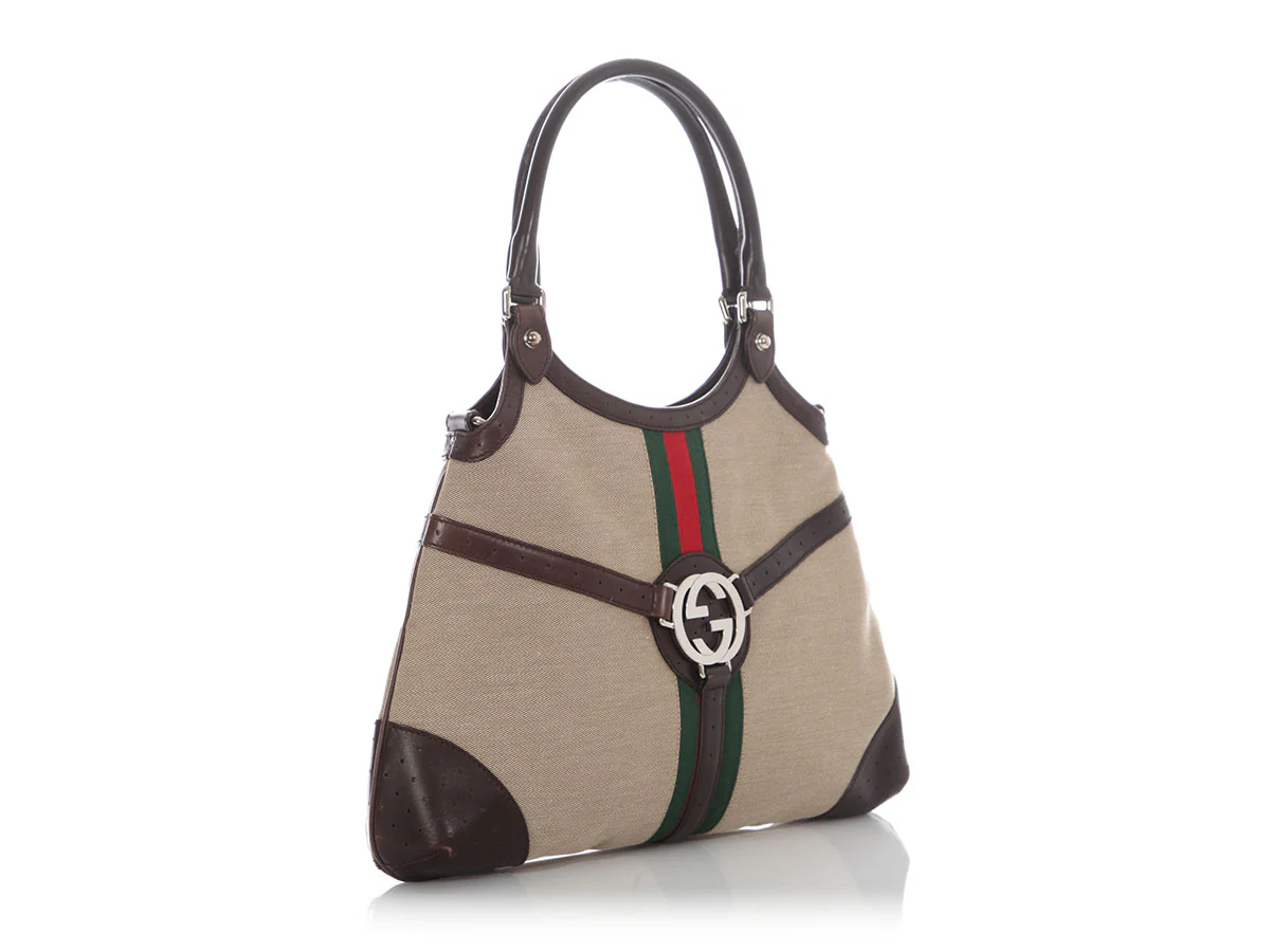 Gucci Beige and Brown Web Canvas Reins Shoulder Bag - Image 5