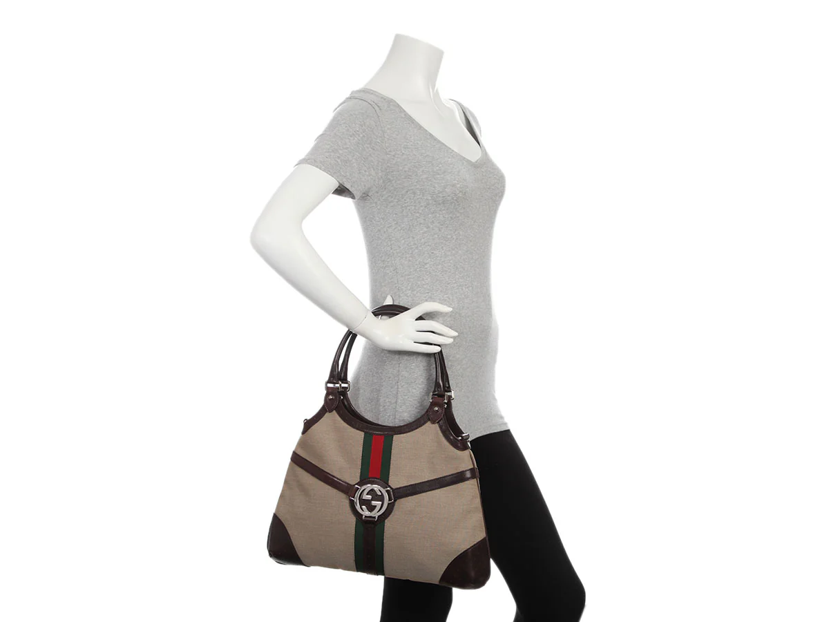 Gucci Beige and Brown Web Canvas Reins Shoulder Bag - Image 9