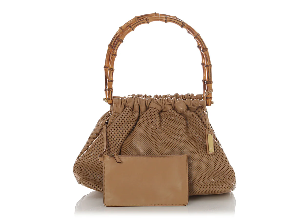Gucci Vintage Beige Perforated Bamboo Handle Tote - Image 2
