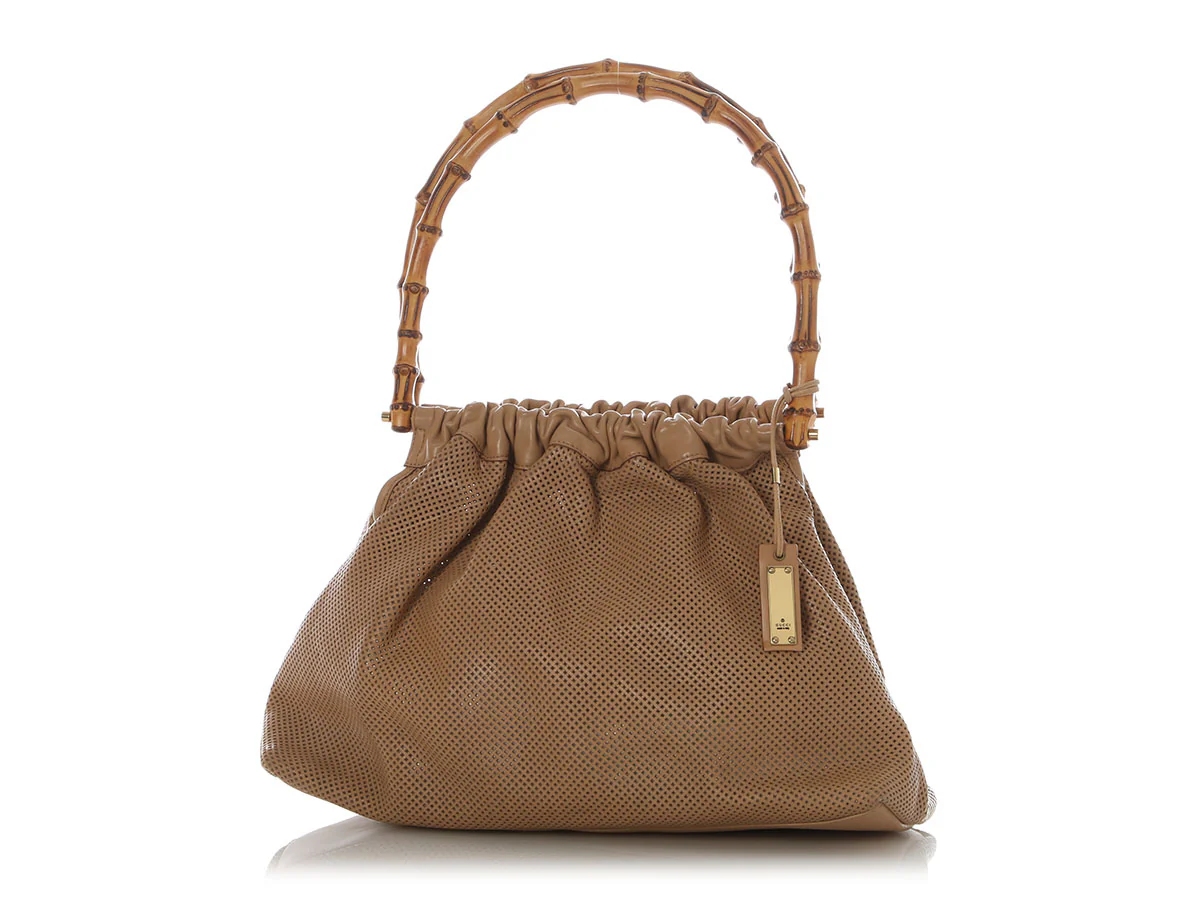 Gucci Vintage Beige Perforated Bamboo Handle Tote - Image 3