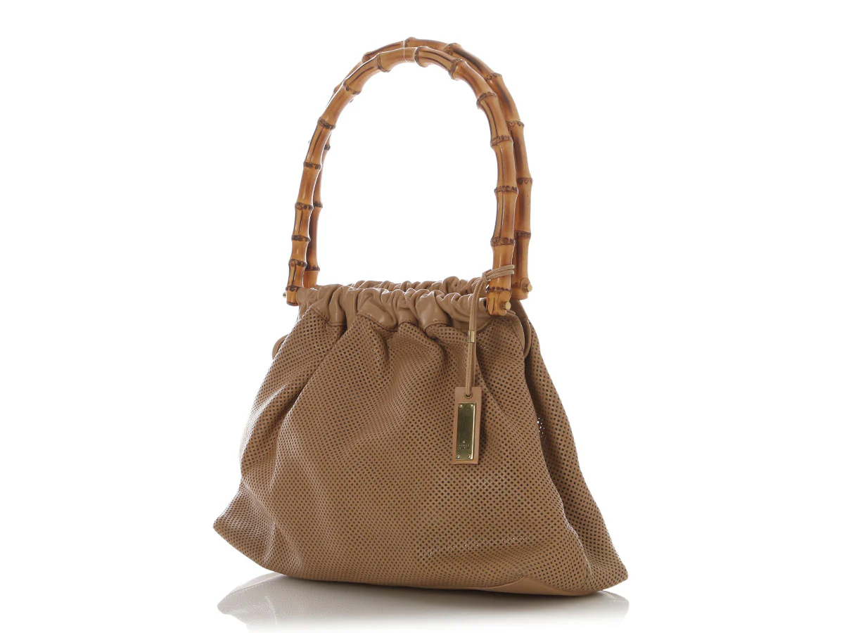 Gucci Vintage Beige Perforated Bamboo Handle Tote - Image 4