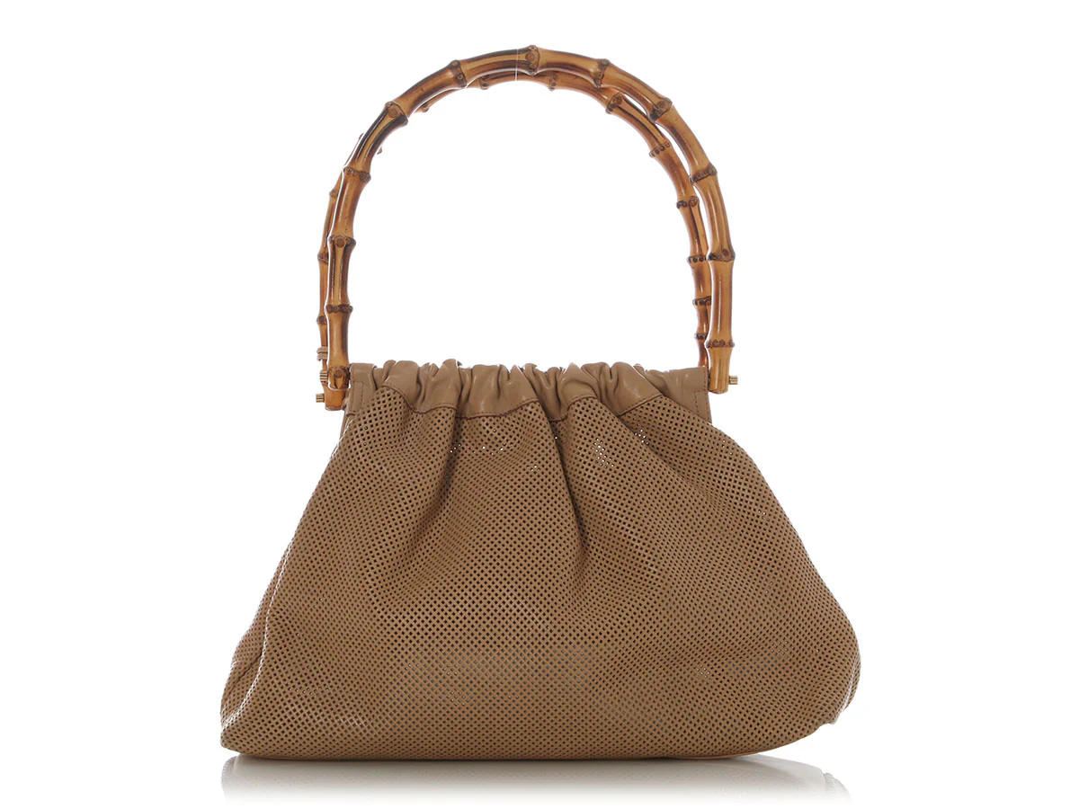 Gucci Vintage Beige Perforated Bamboo Handle Tote - Image 5