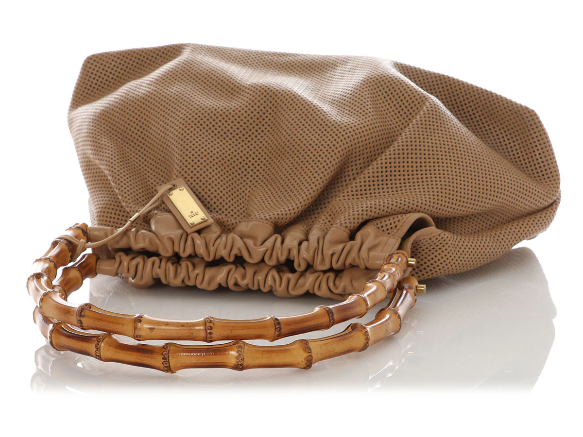 Gucci Vintage Beige Perforated Bamboo Handle Tote - Image 8