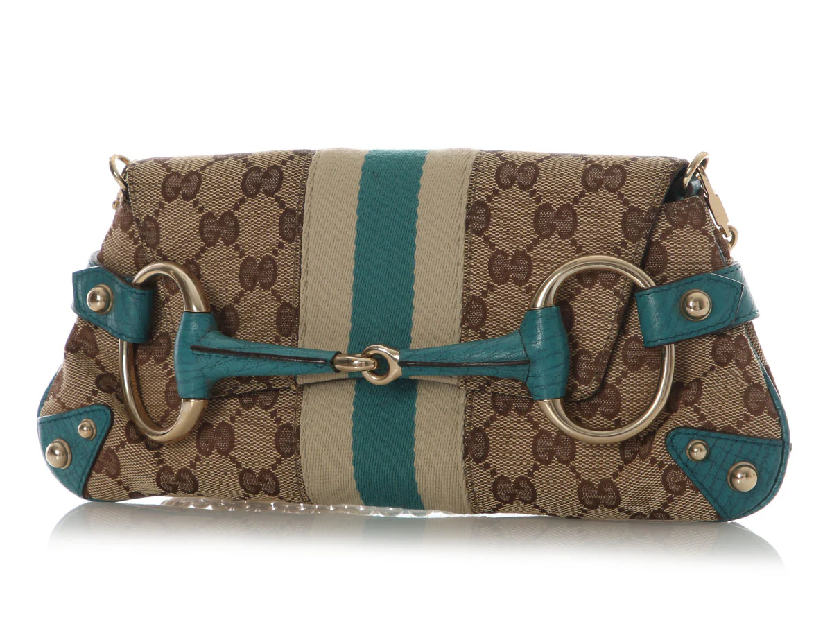 Gucci Small Teal and Monogram Horsebit Clutch - Image 2