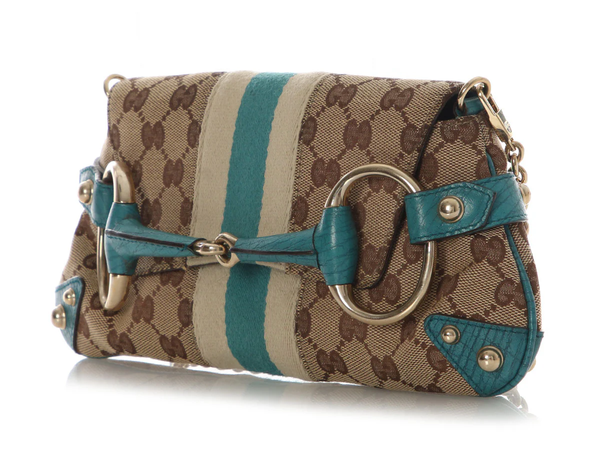 Gucci Small Teal and Monogram Horsebit Clutch - Image 3