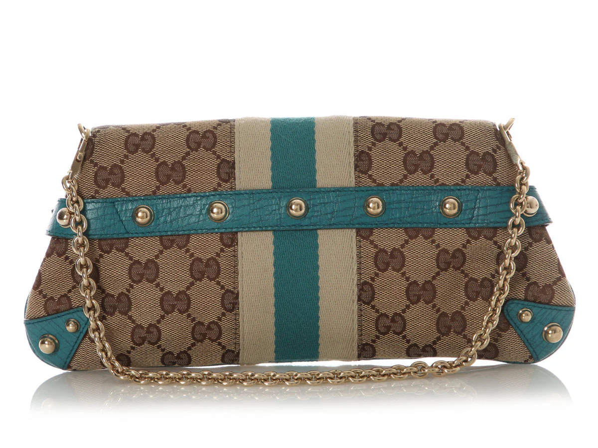 Gucci Small Teal and Monogram Horsebit Clutch - Image 4