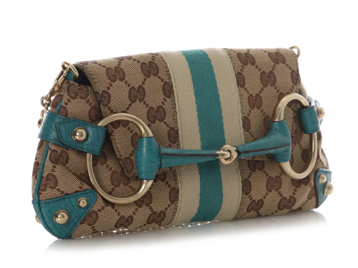Gucci Small Teal and Monogram Horsebit Clutch - Image 5