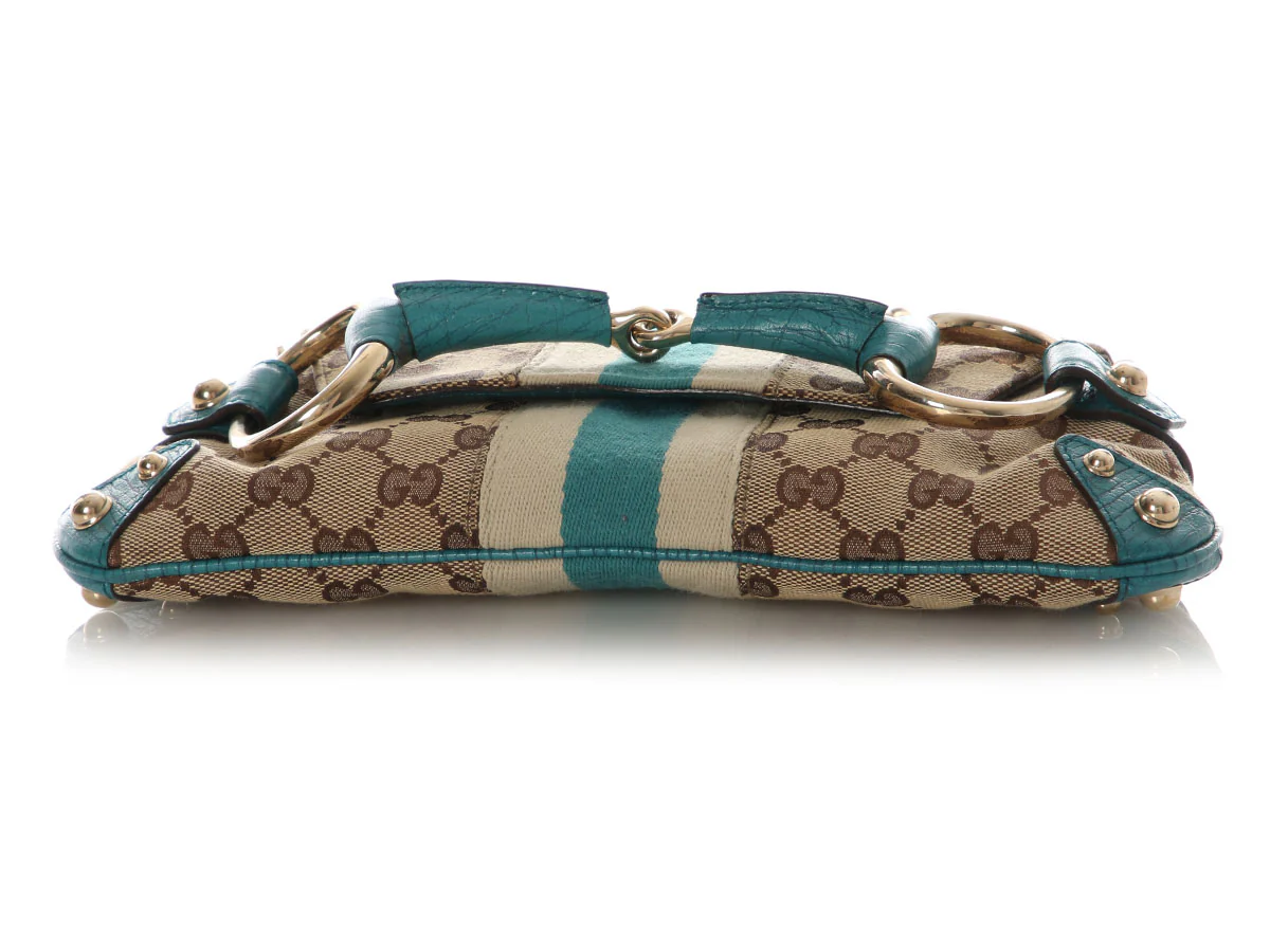 Gucci Small Teal and Monogram Horsebit Clutch - Image 6