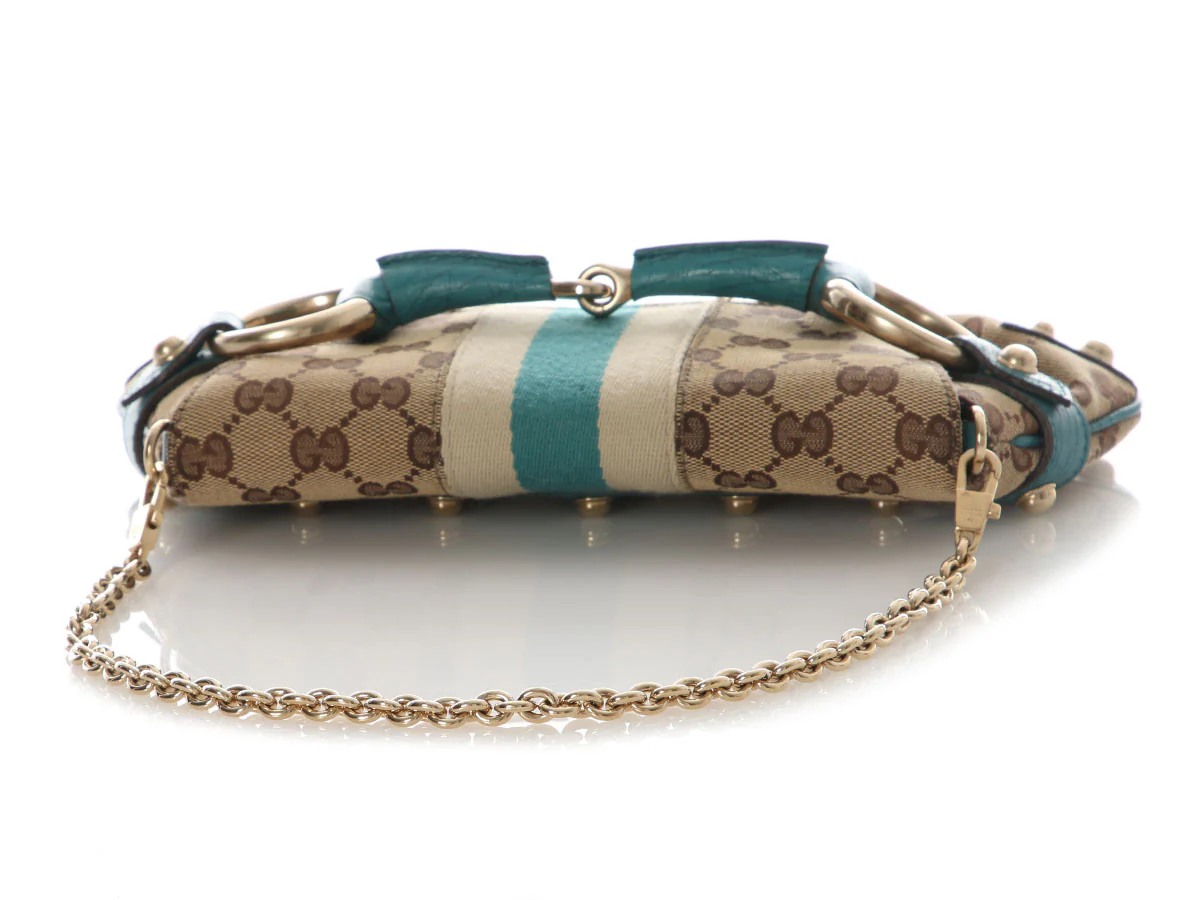 Gucci Small Teal and Monogram Horsebit Clutch - Image 7