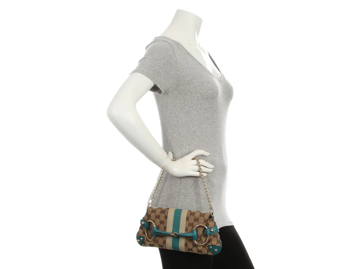 Gucci Small Teal and Monogram Horsebit Clutch - Image 9