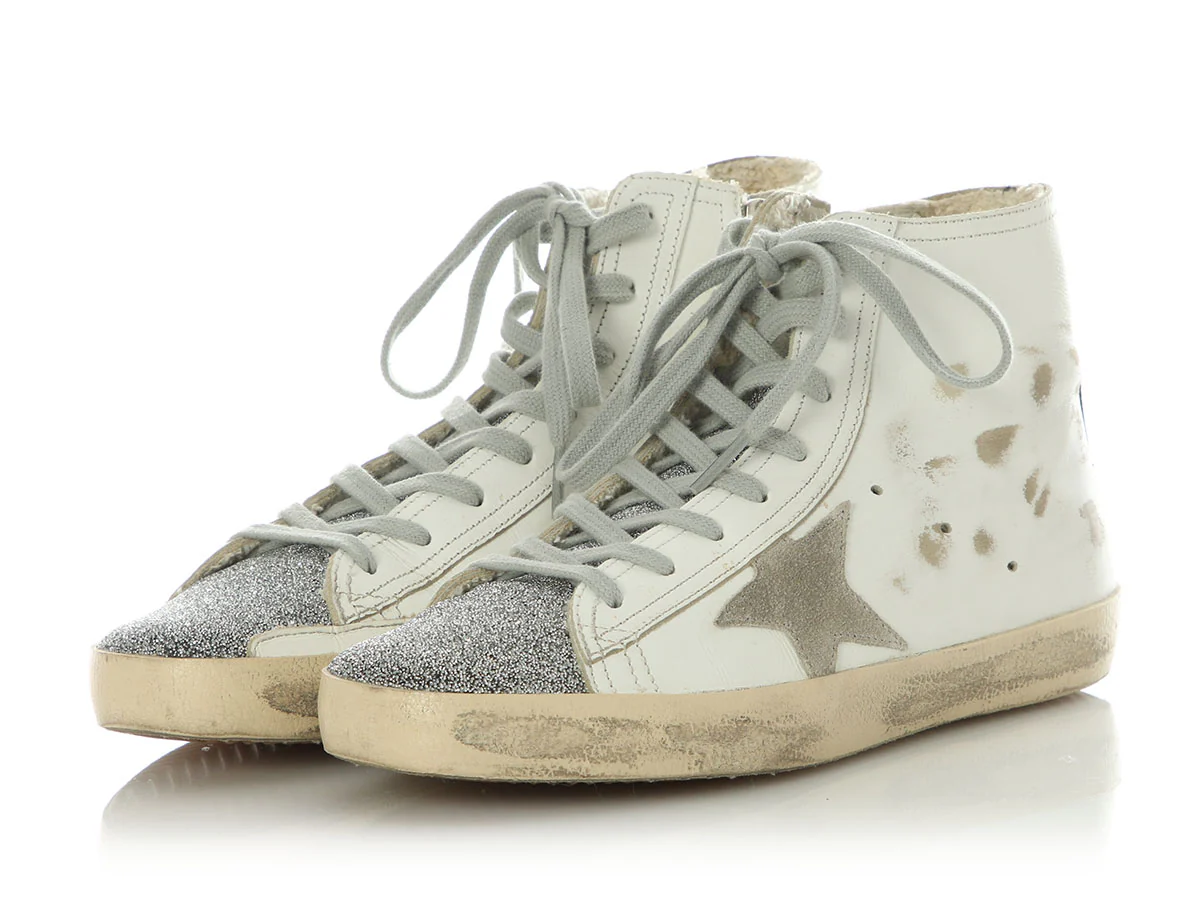Golden Goose White Leather and Swarovski Crystal Francy High Top Sneakers - Image 3