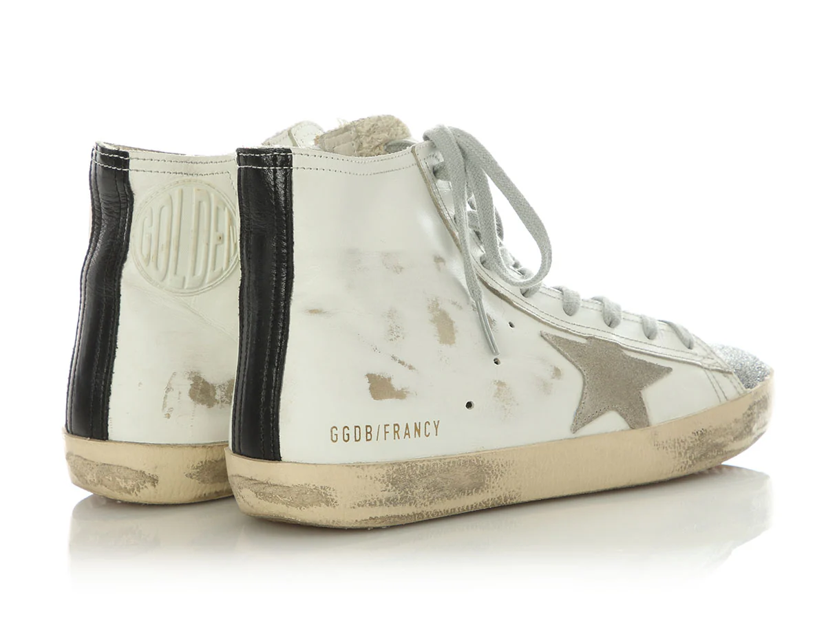 Golden Goose White Leather and Swarovski Crystal Francy High Top Sneakers - Image 4