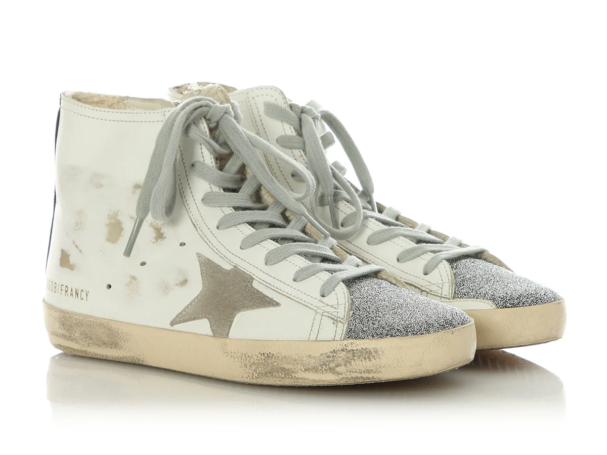 Golden Goose White Leather and Swarovski Crystal Francy High Top Sneakers - Image 5