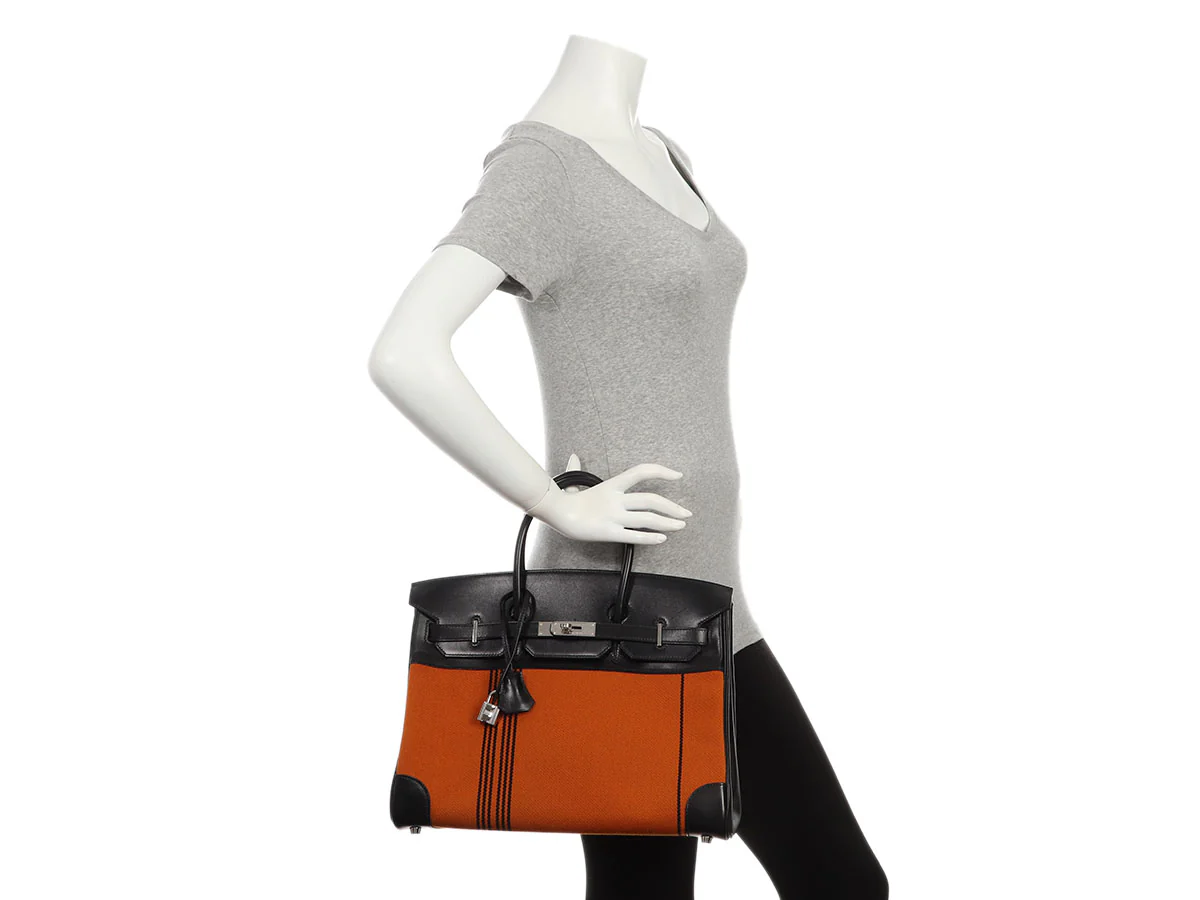 Hermès LE Orange Toile and Black Box Calfskin Potamus Birkin 35 - Image 11