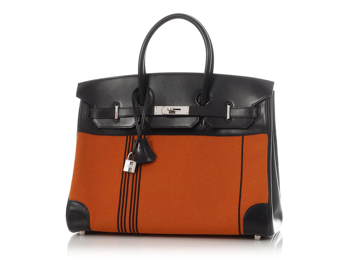 Hermès LE Orange Toile and Black Box Calfskin Potamus Birkin 35 - Image 2