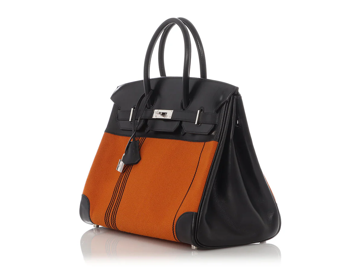 Hermès LE Orange Toile and Black Box Calfskin Potamus Birkin 35 - Image 3