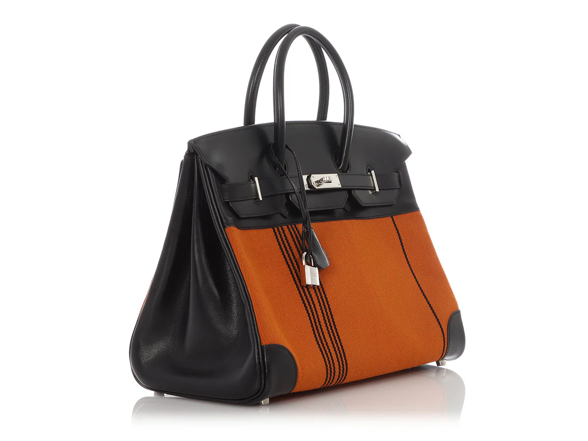 Hermès LE Orange Toile and Black Box Calfskin Potamus Birkin 35 - Image 5