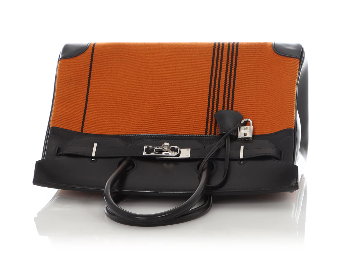 Hermès LE Orange Toile and Black Box Calfskin Potamus Birkin 35 - Image 7