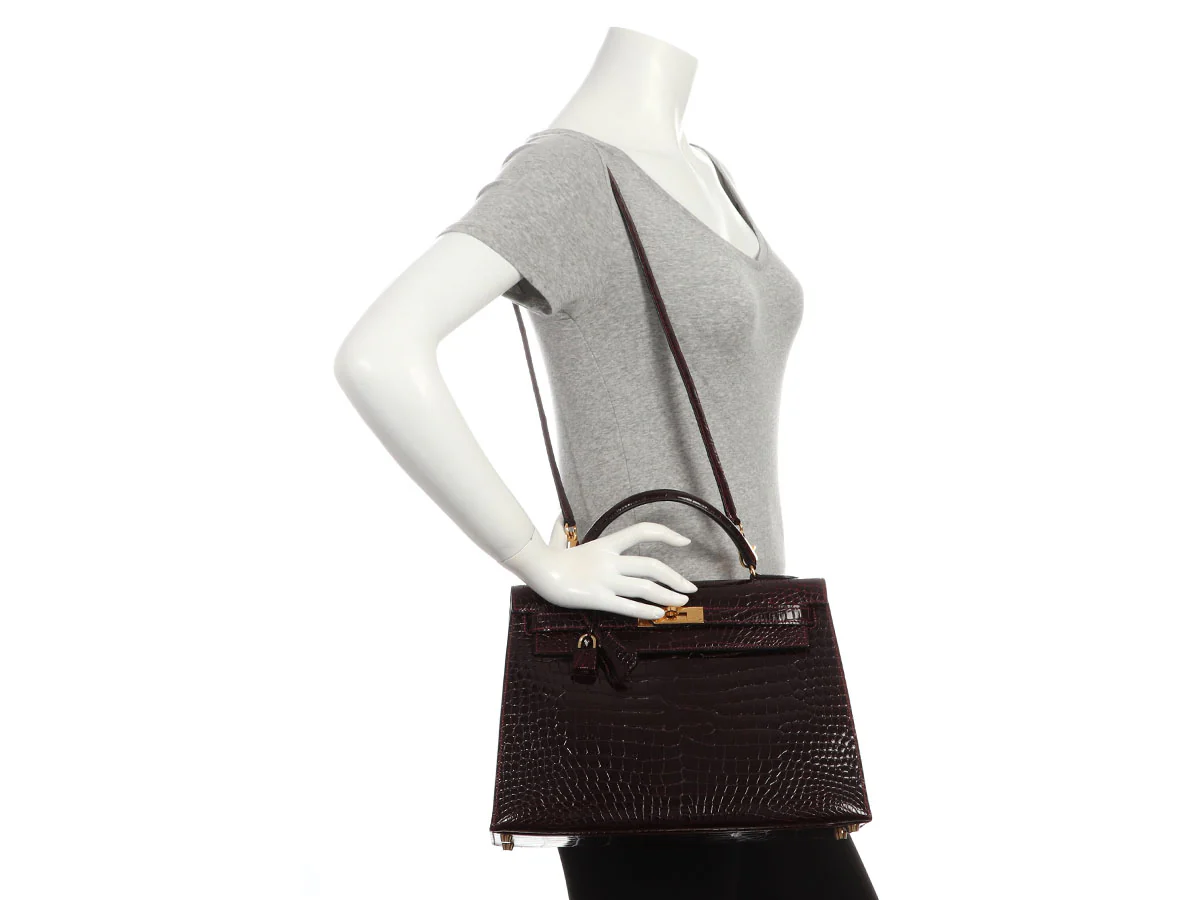Hermès Bordeaux Shiny Porosus Crocodile Kelly 32 - Image 11