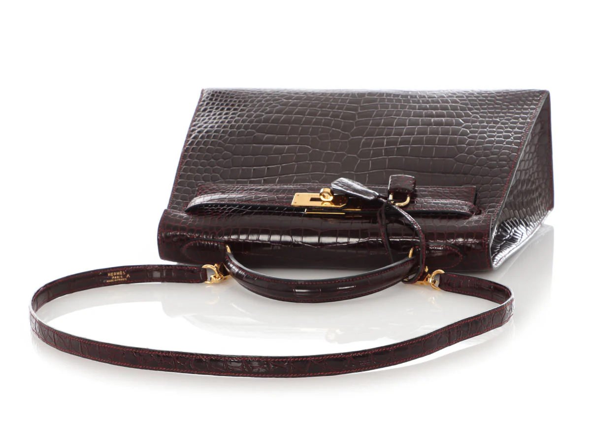 Hermès Bordeaux Shiny Porosus Crocodile Kelly 32 - Image 7