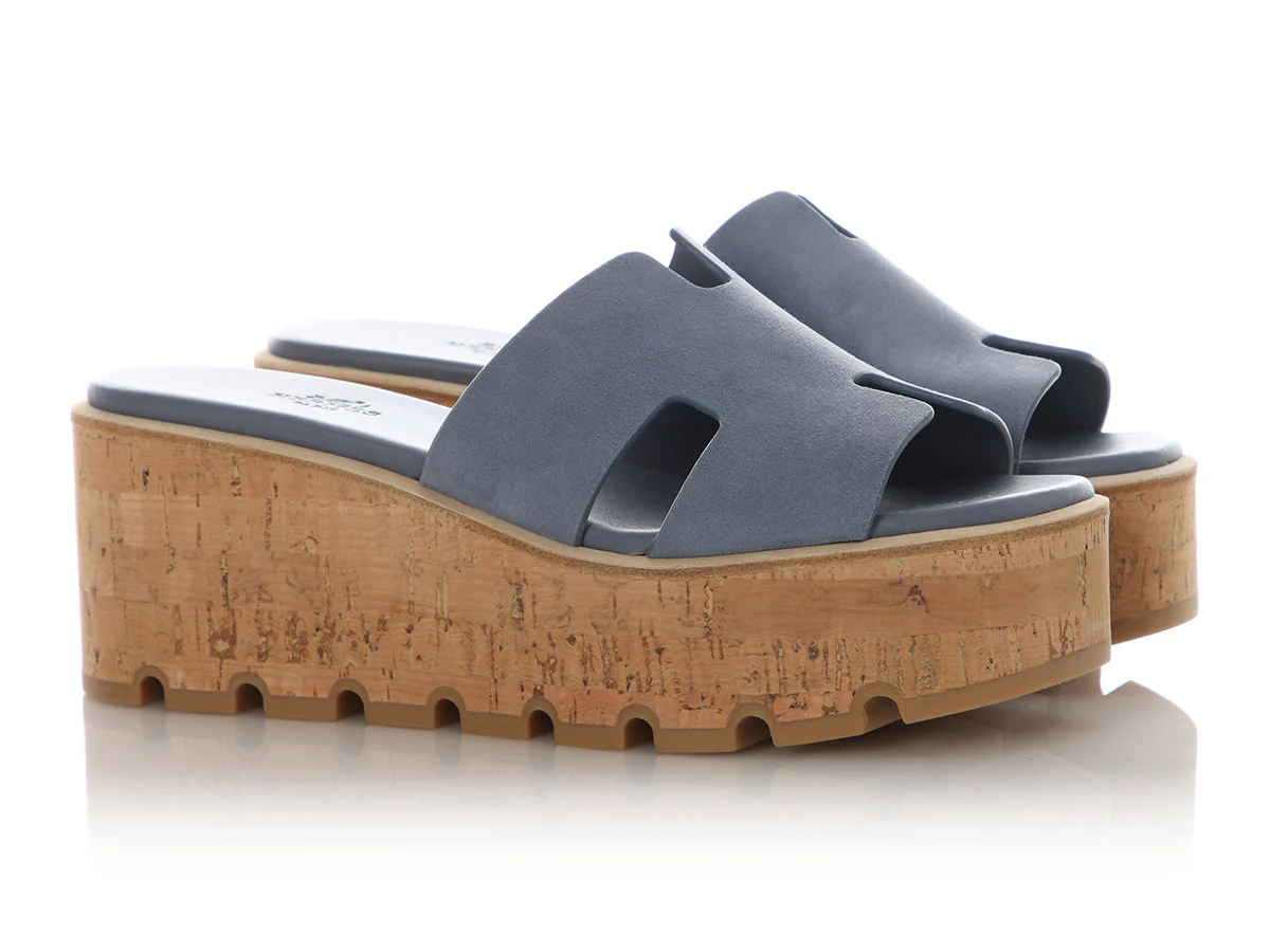 Hermès Bleu Grignon Suede Goatskin Eze 30 Platform Sandals - Image 5
