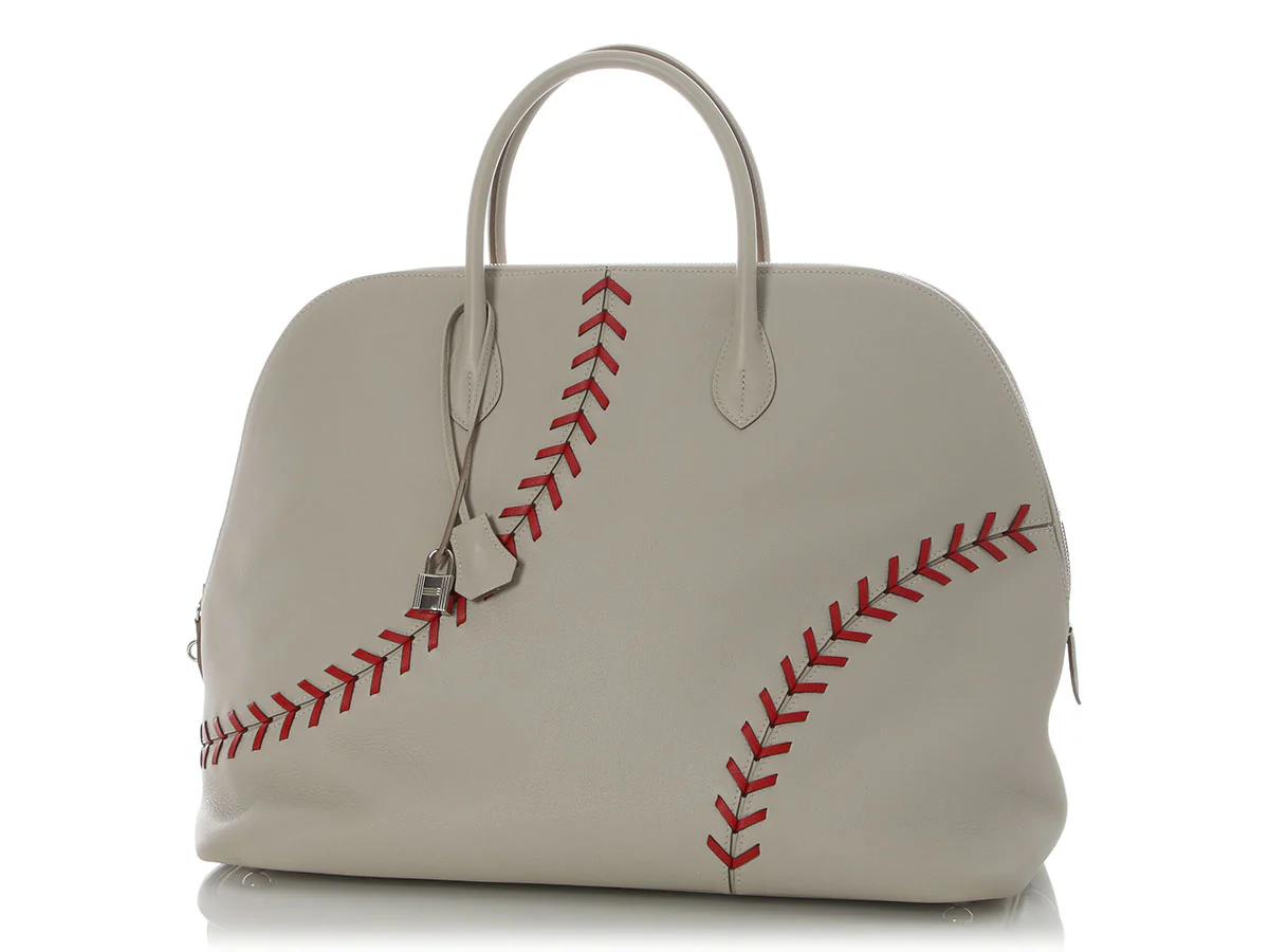 Hermès Gris Perle and Rouge Evercolor Bolide 45 1923 Baseball Travel Bag - Image 3