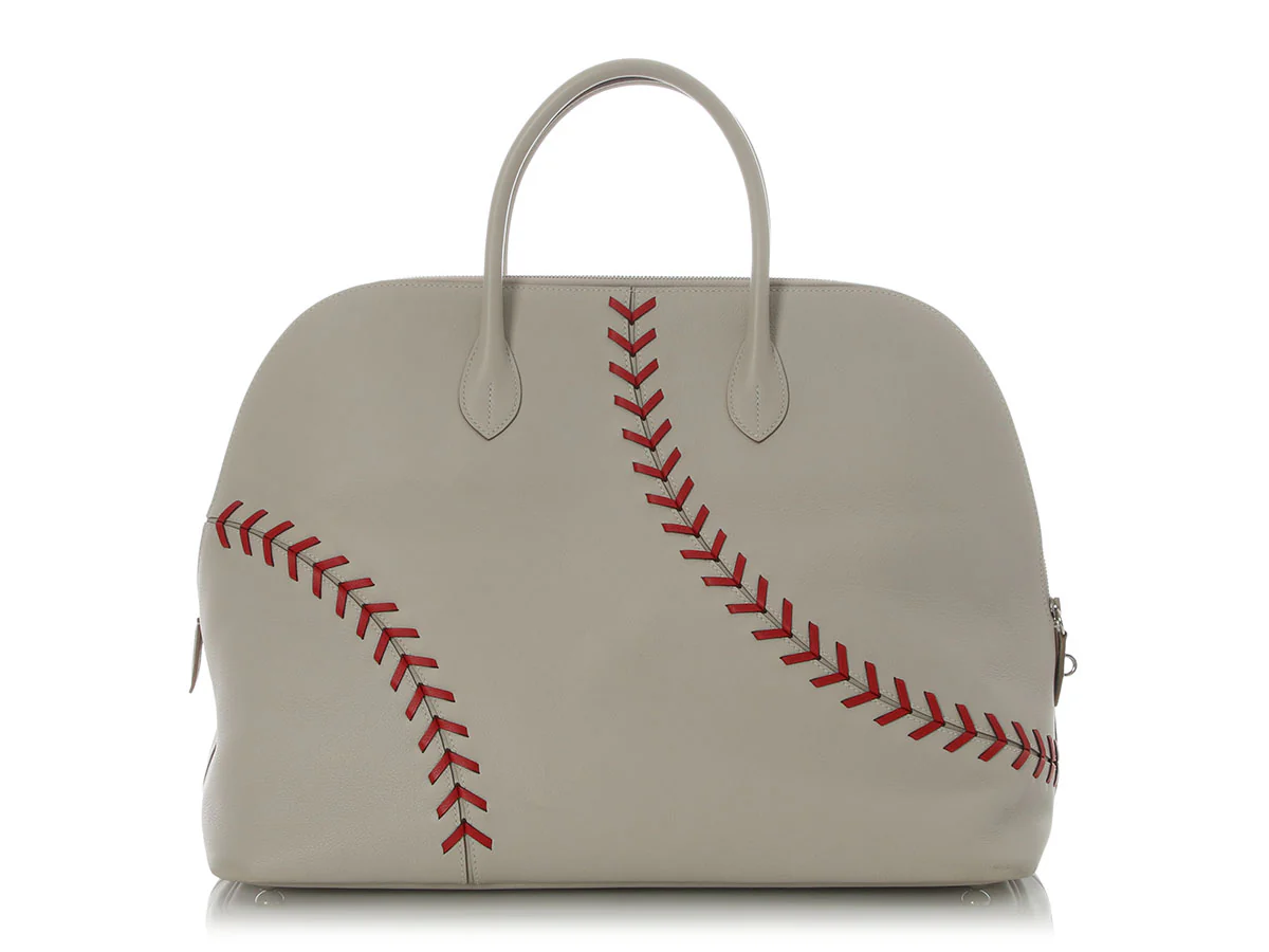 Hermès Gris Perle and Rouge Evercolor Bolide 45 1923 Baseball Travel Bag - Image 4