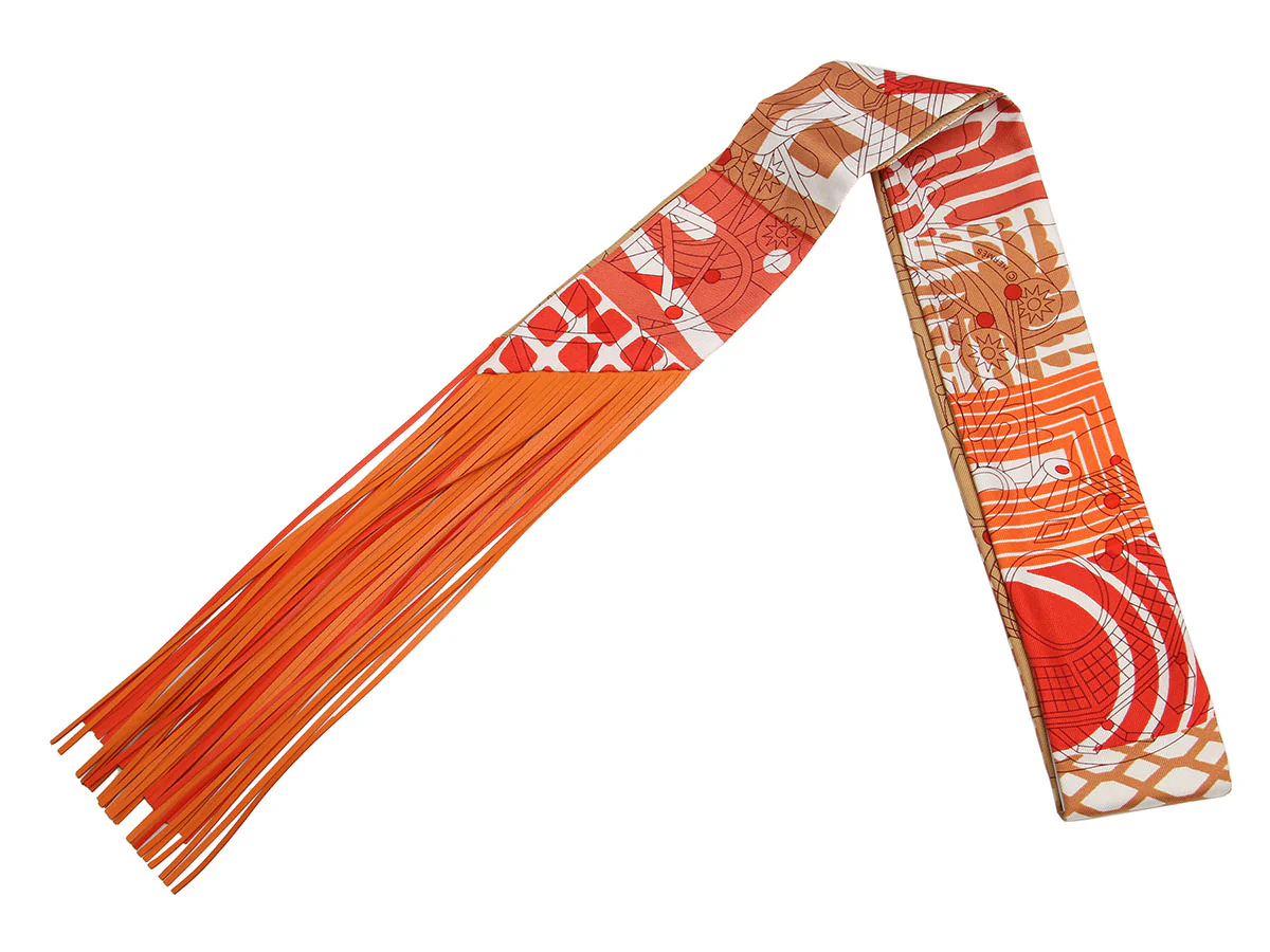 Hermès Au Bloc Silk and Leather Fringed Twilly