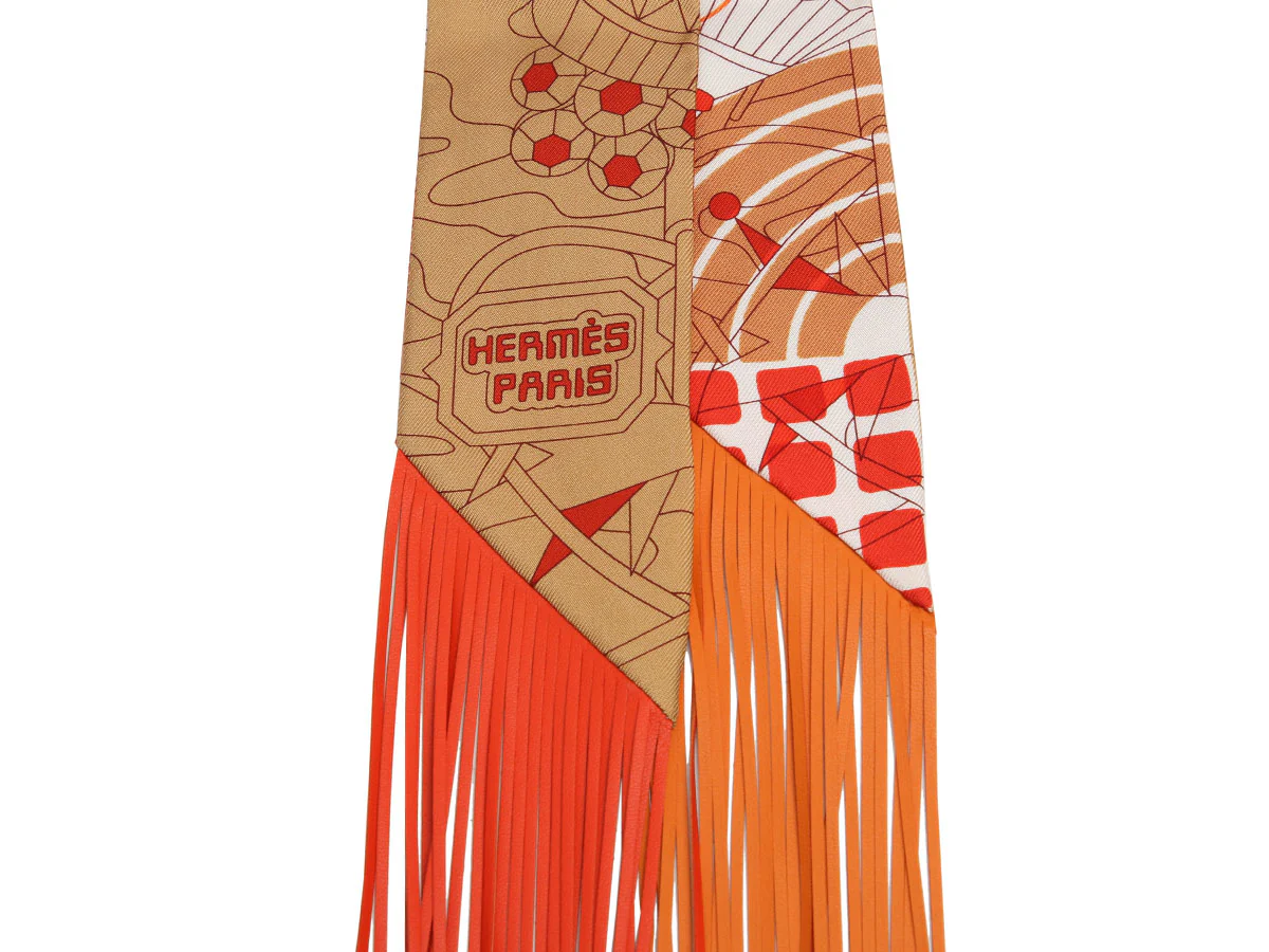 Hermès Au Bloc Silk and Leather Fringed Twilly - Image 2