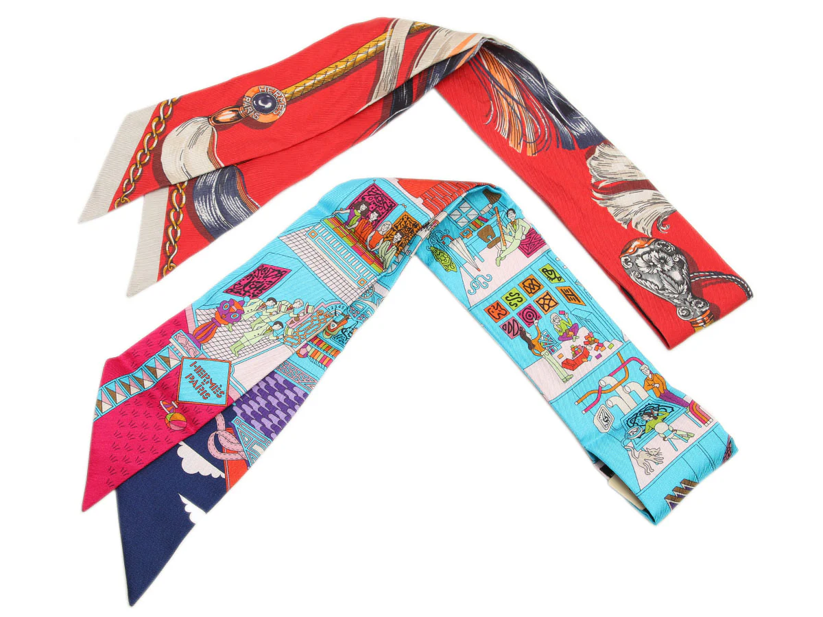 Hermès Cavalcades and La Maison des Carrés Silk Twilly Pair