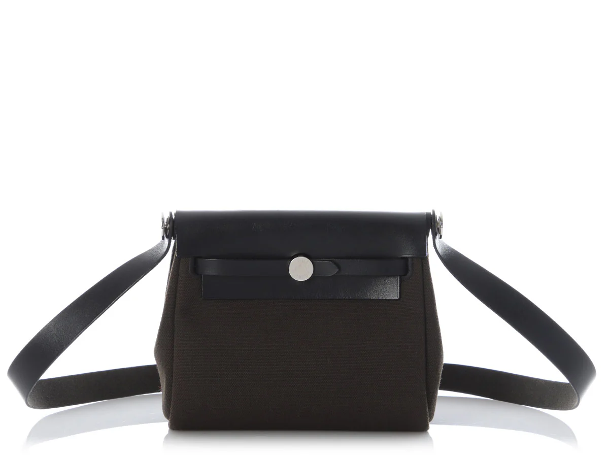 Hermès Mini Dark Bronze Military Toile and Noir Vache Hunter Herbag Zip