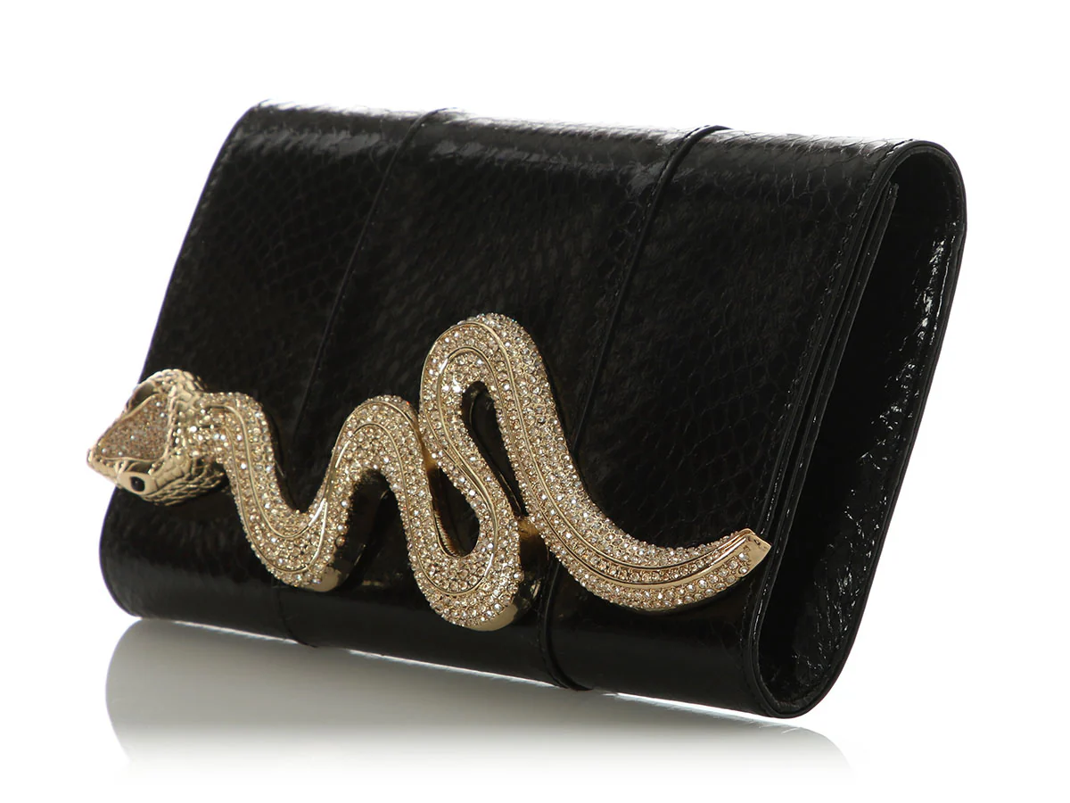 Judith Leiber Black Snakeskin Champagne Serpent Clutch - Image 3