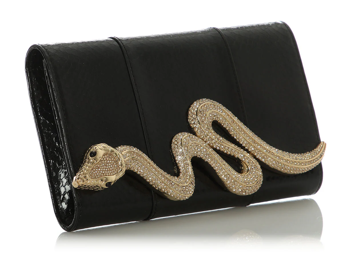 Judith Leiber Black Snakeskin Champagne Serpent Clutch - Image 5