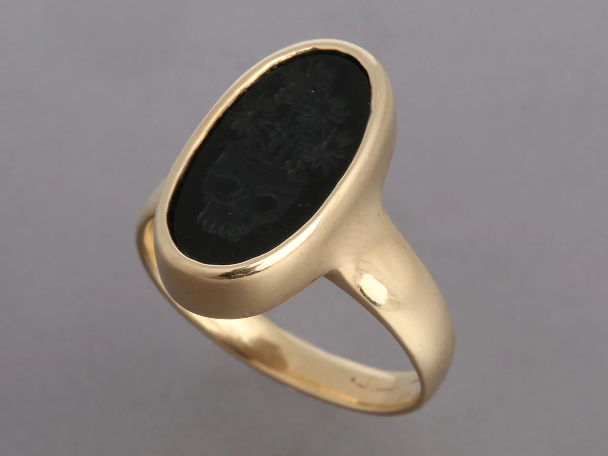 14K Yellow Gold Onyx Skull Intaglio Signet Ring - Image 3