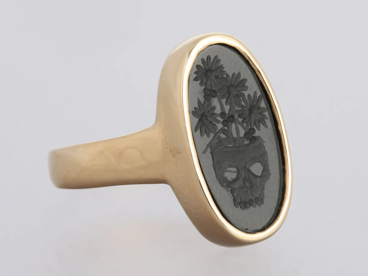 14K Yellow Gold Onyx Skull Intaglio Signet Ring - Image 5