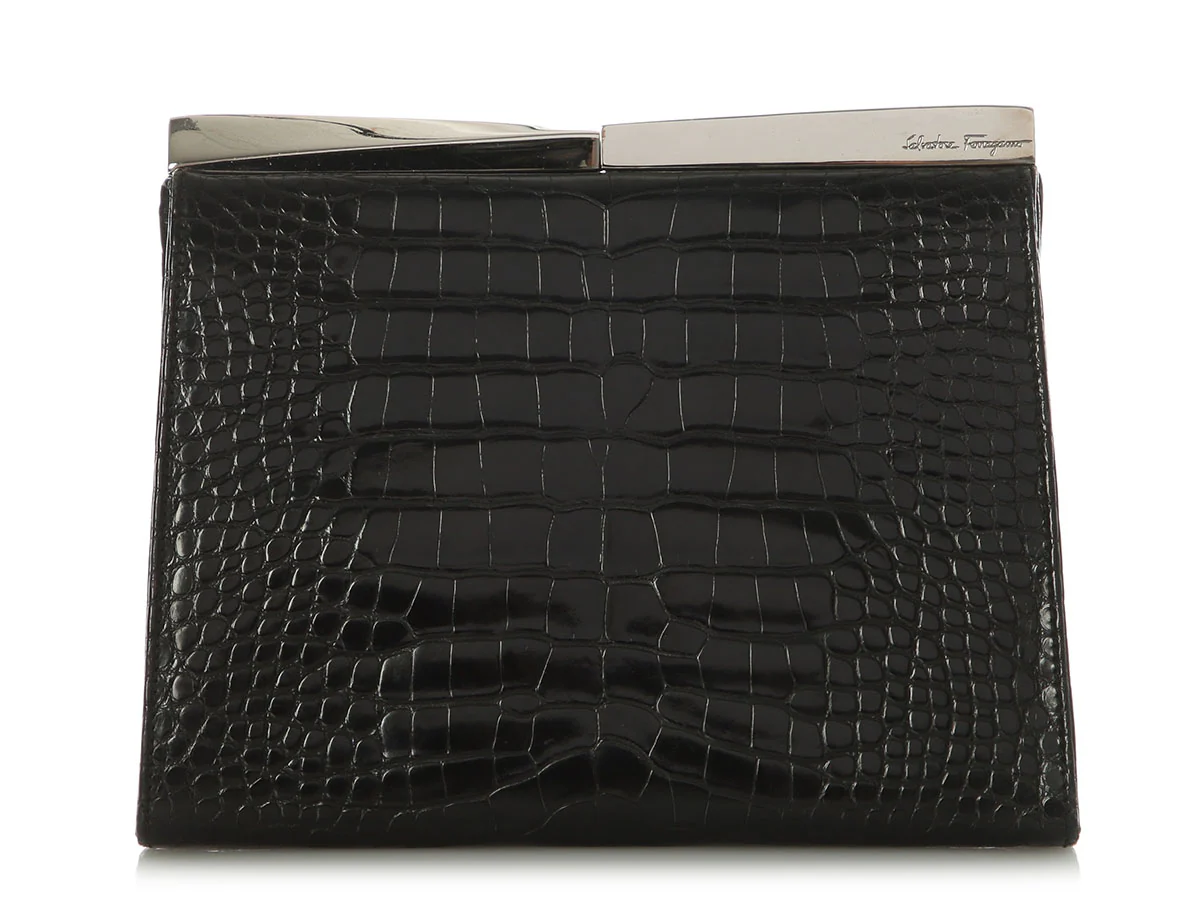 Ferragamo Black Alligator Frame Clutch