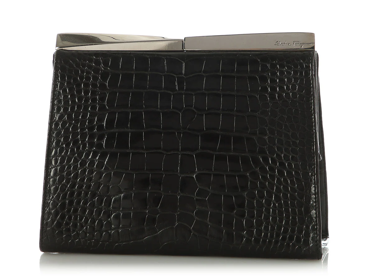 Ferragamo Black Alligator Frame Clutch - Image 2
