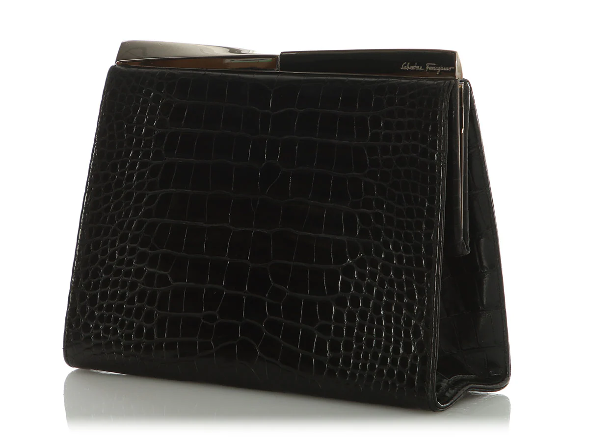 Ferragamo Black Alligator Frame Clutch - Image 3