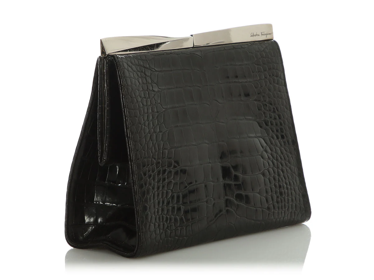 Ferragamo Black Alligator Frame Clutch - Image 5