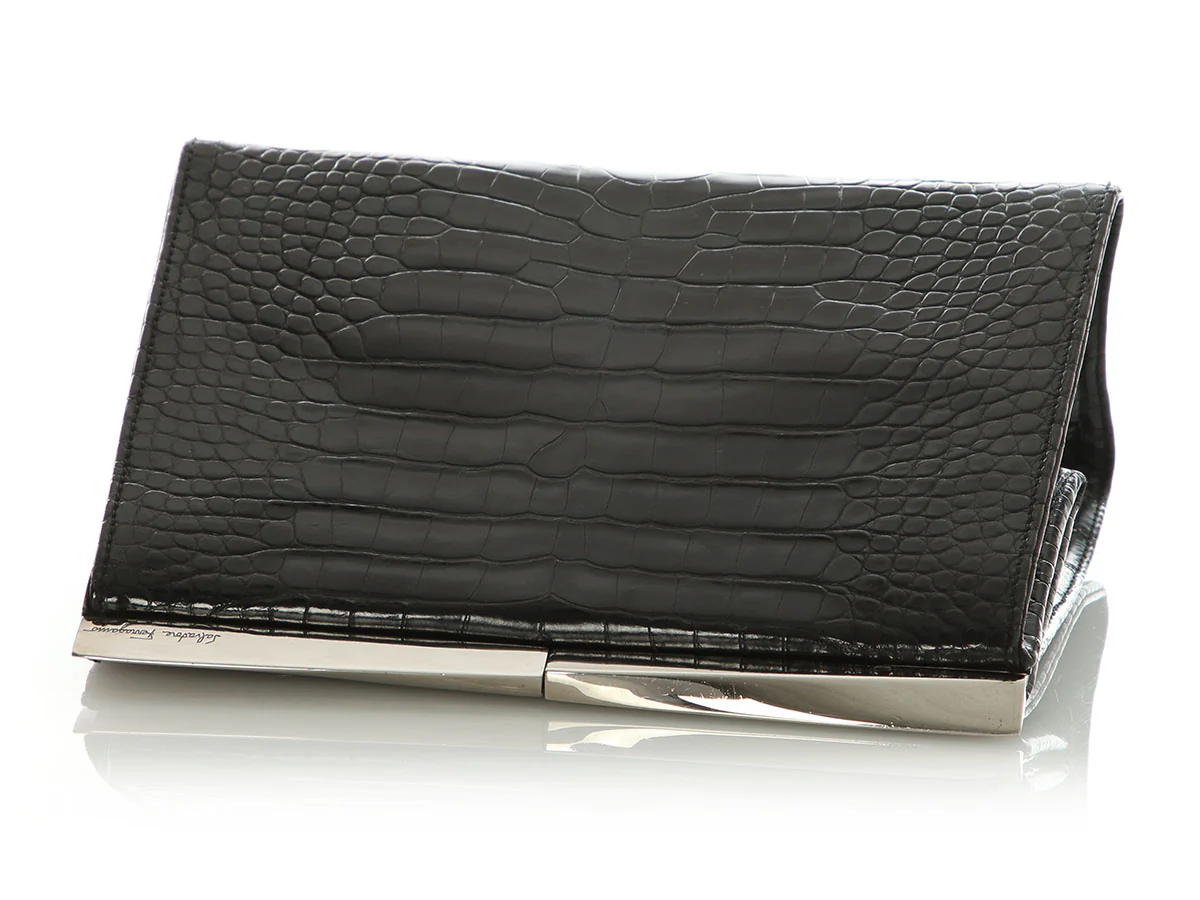 Ferragamo Black Alligator Frame Clutch - Image 7