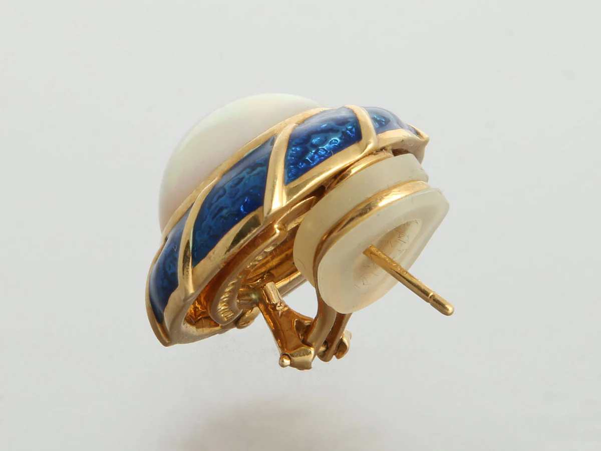 Tiffany & Co. Vintage 18K Yellow Gold Blue Enamel and Mabe Pearl Earrings - Image 3