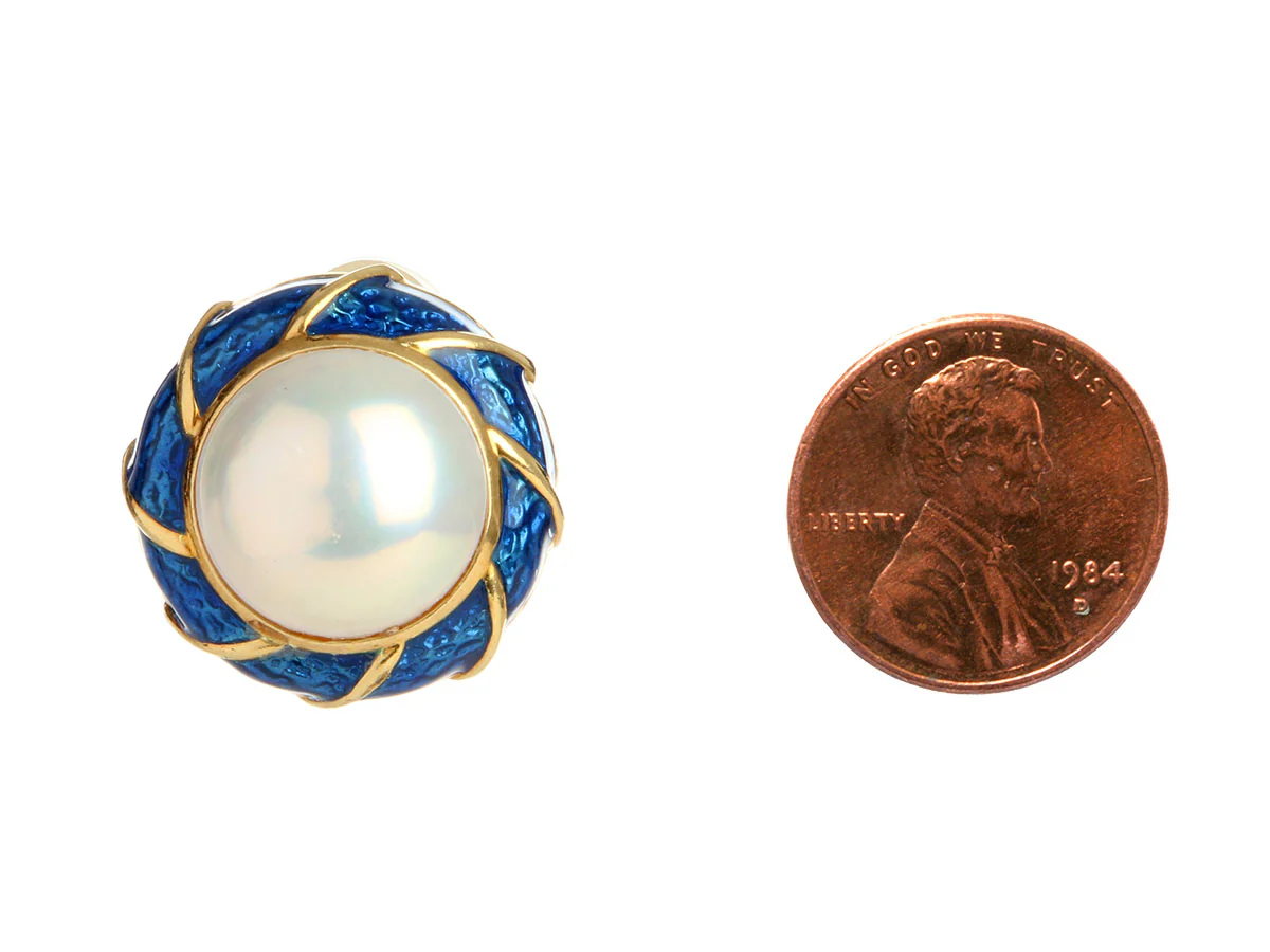 Tiffany & Co. Vintage 18K Yellow Gold Blue Enamel and Mabe Pearl Earrings - Image 5